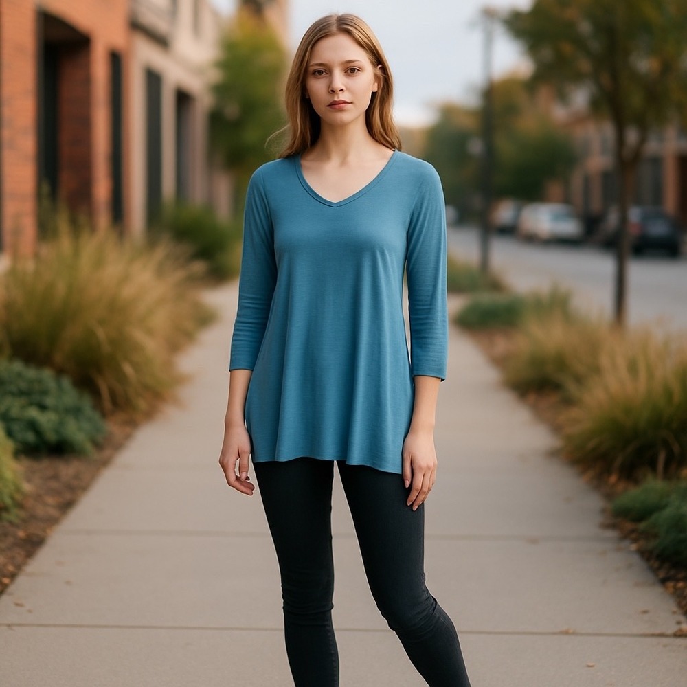 Chico's The Ultimate Tee Blue Tunic Top‎ V Neck 3/4 Sleeve Womens Size 0